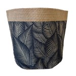 Cache-pot en jute motifs feuilles sur fond noir