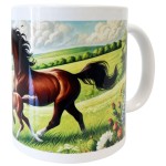 Mug en cramique blanche jument et son poulain gambadant