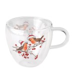 Tasse  th en verre double paroi rouges-gorges de Nol